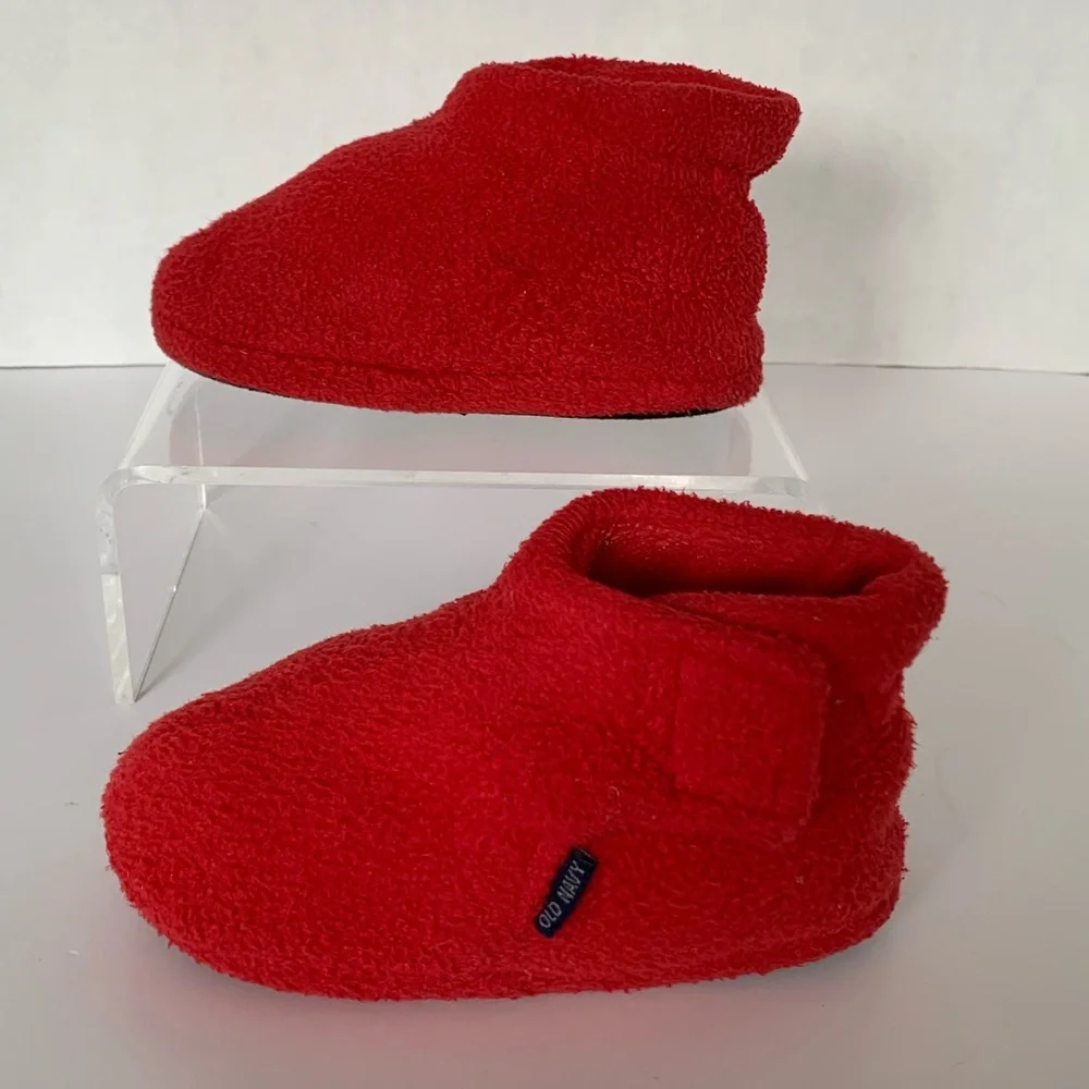 VTG Old Navy Red Fleece Booties Slippers Rubber Soles Soft Cozy Toddler Size